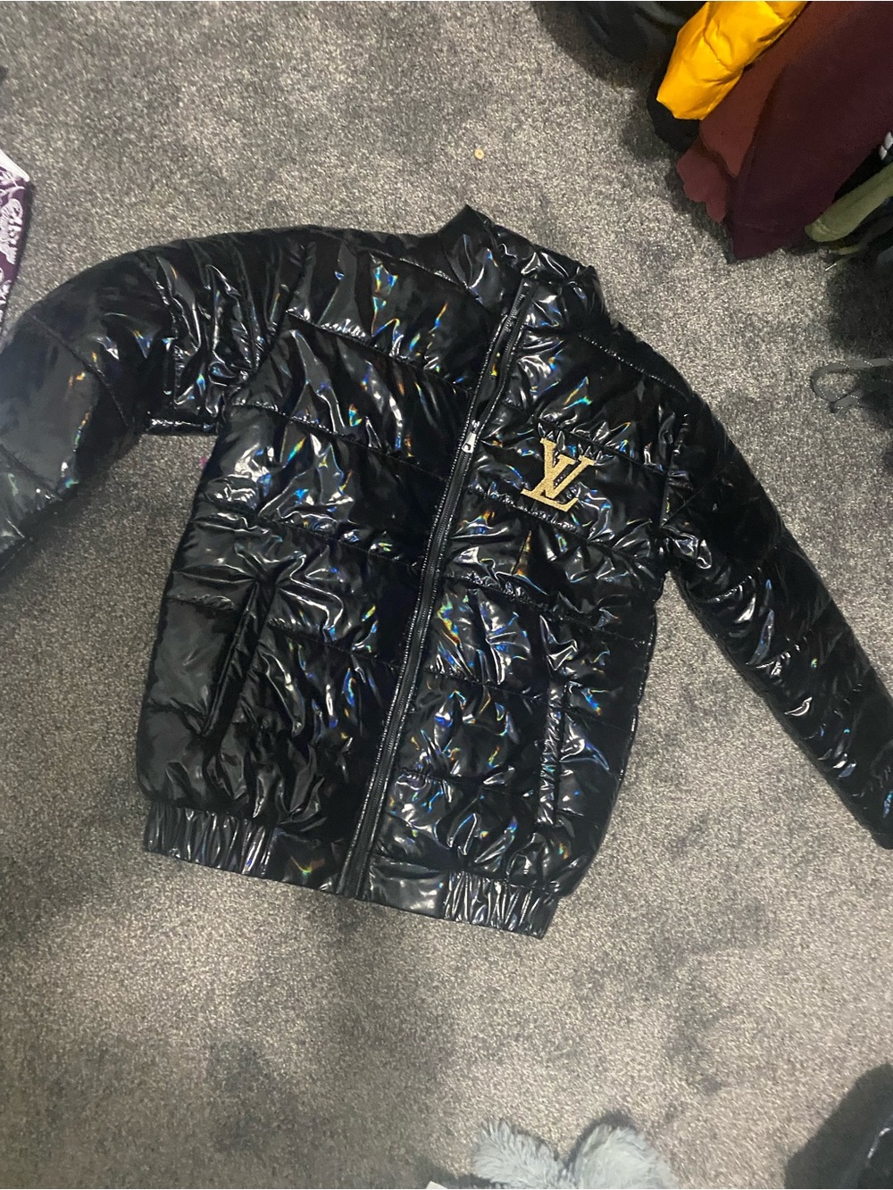 Black Shiny Puffer Jacket with Gold Logo